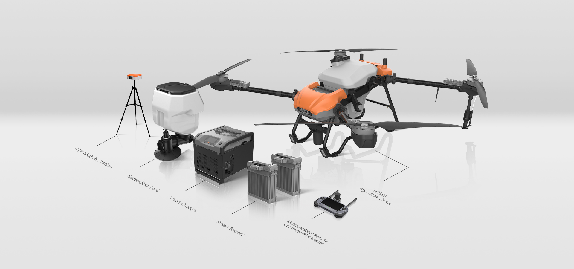 HD580 complete product set with drone, spreading tank, batteries, charger, controller, and RTK station